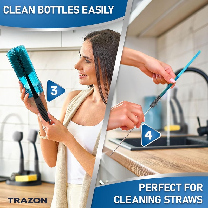 Trazon Dish Brush Set of 5 with Holder - Kitchen Scrub Brushes with Non-Slip Long Handle for Cleaning, Scrubber, Dishwashing, Dishes, Bottles, Straws, Cups, Pots & Sink, Black - Image 4
